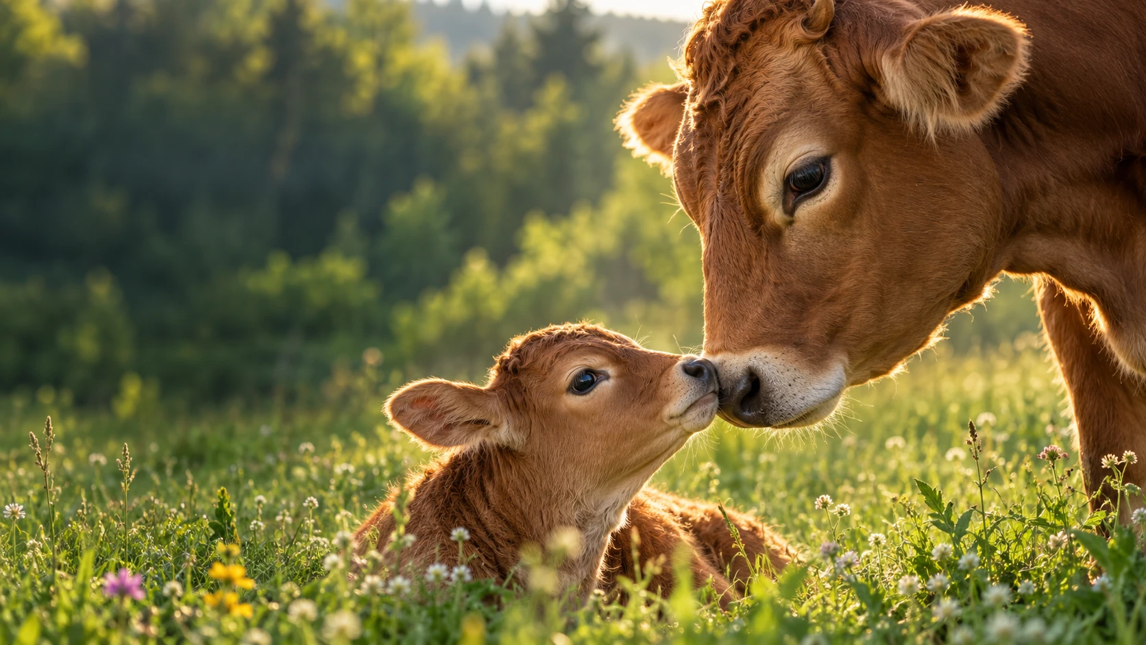 A mother cow gently nuzzles her young calf, their noses touching in a green meadow